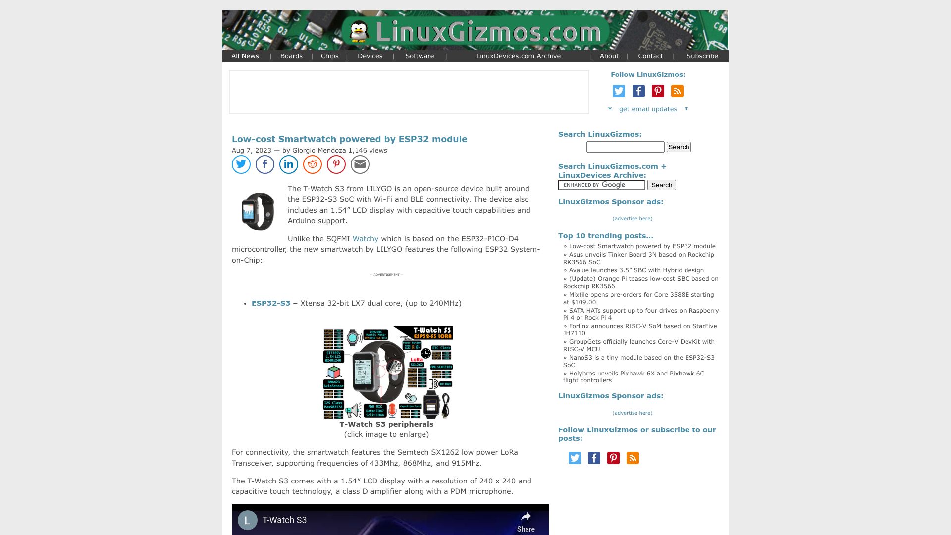 Screenshot of linuxgizmos.com: Low-cost Smartwatch powered by ESP32 module