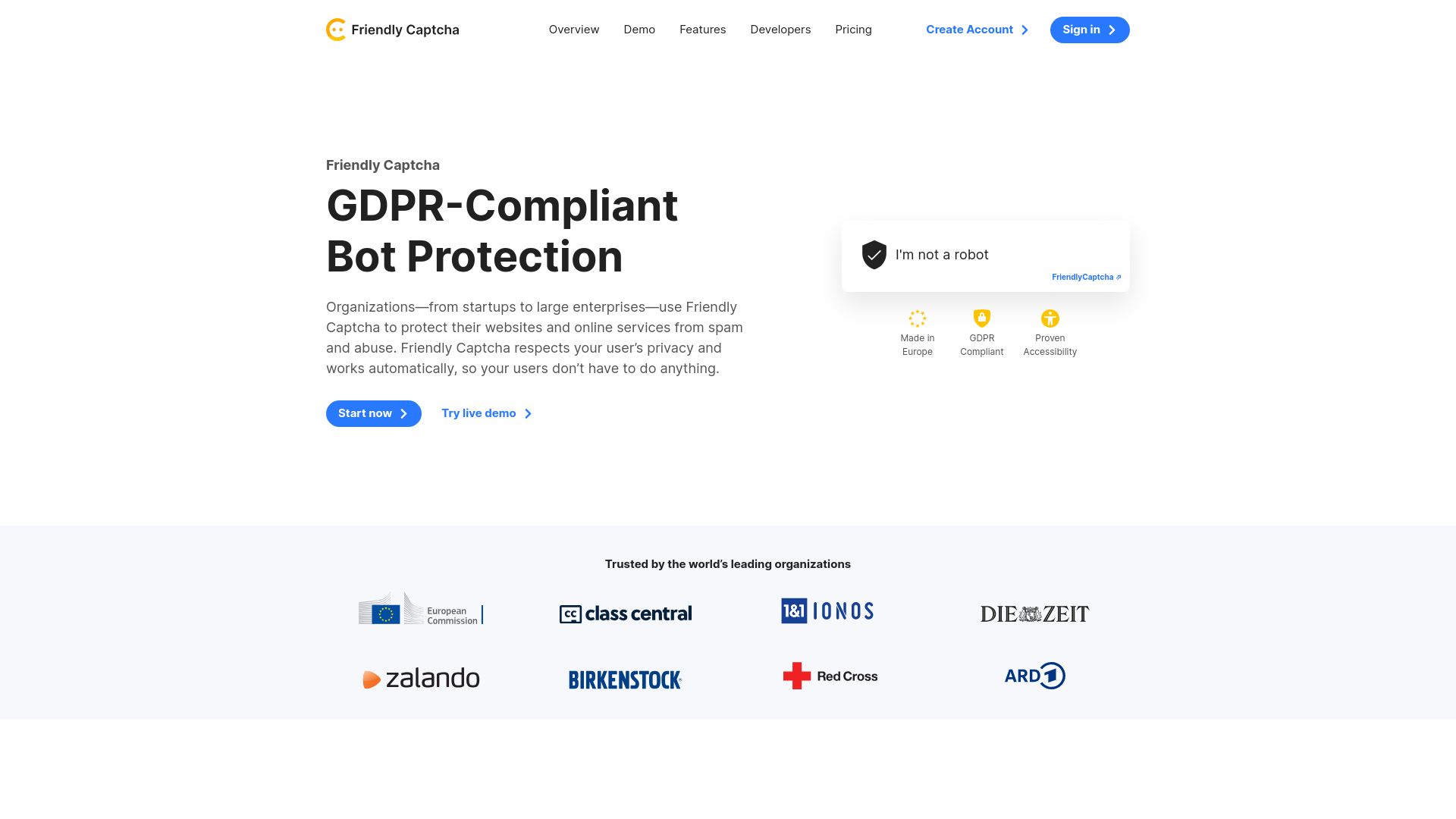 Screenshot of friendlycaptcha.com: Friendly Captcha – GDPR-Compliant Bot Protection