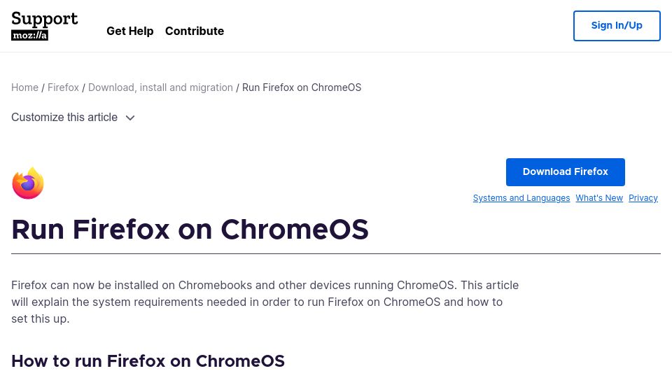 Screenshot of support.mozilla.org: Run Firefox on ChromeOS