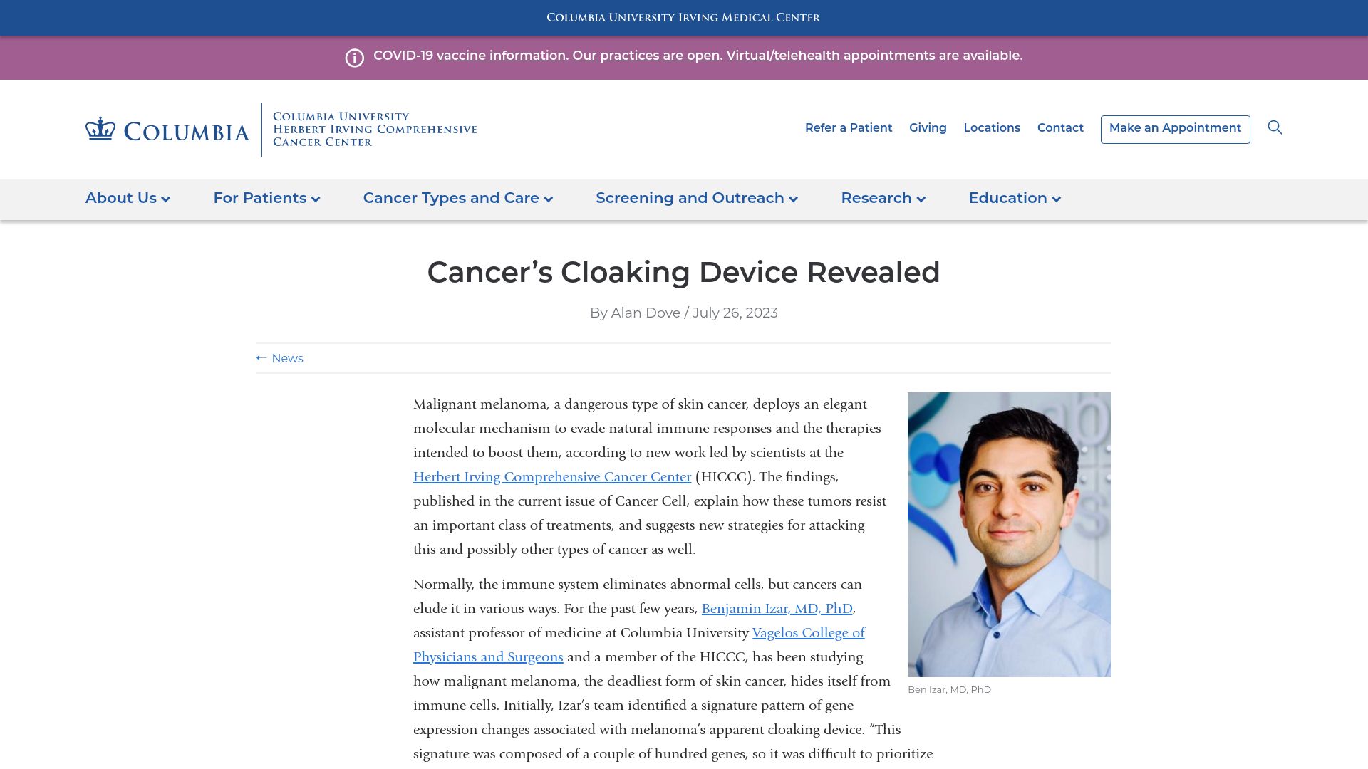 Screenshot of cancer.columbia.edu: Malignant melanoma deploys elegant molecular mechanism to evade immune responses