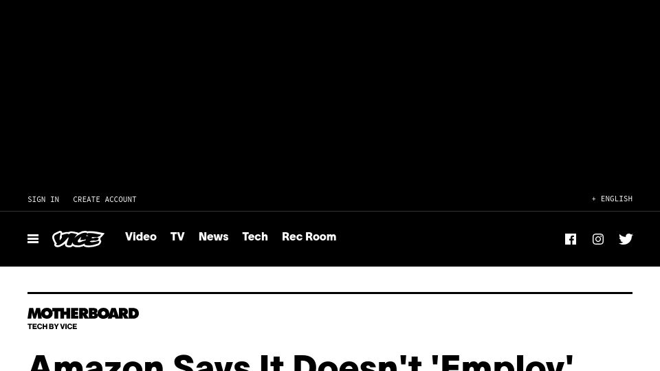 Screenshot of vice.com: Amazon doesn't 'employ' drivers, but hired firms to prevent them from unionizing