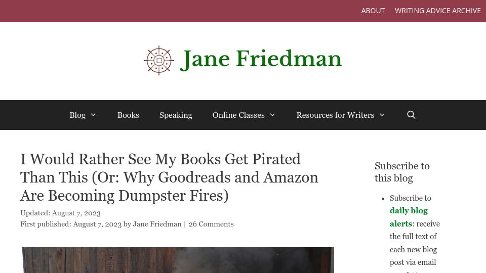 Screenshot of janefriedman.com: I would rather see my books get pirated than this