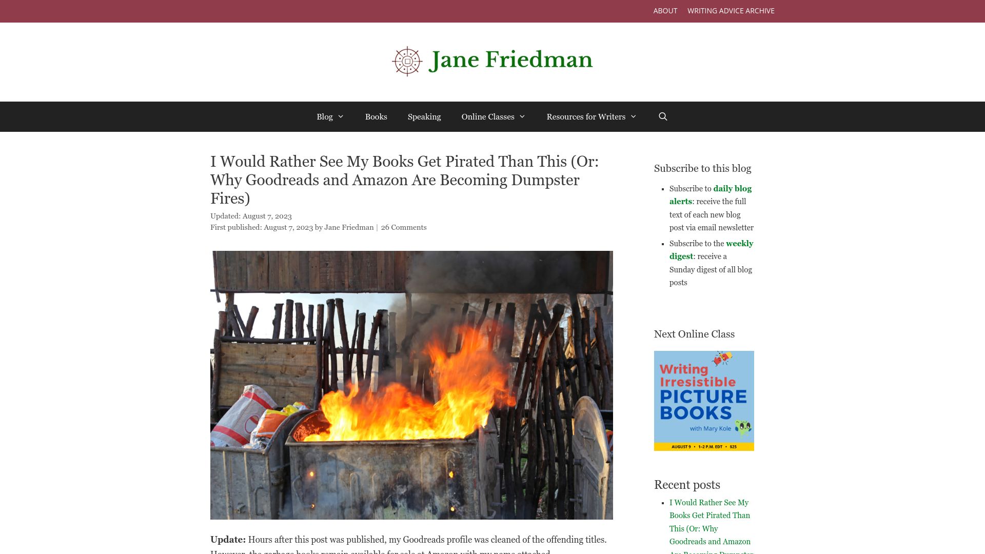 Screenshot of janefriedman.com: I would rather see my books get pirated than this