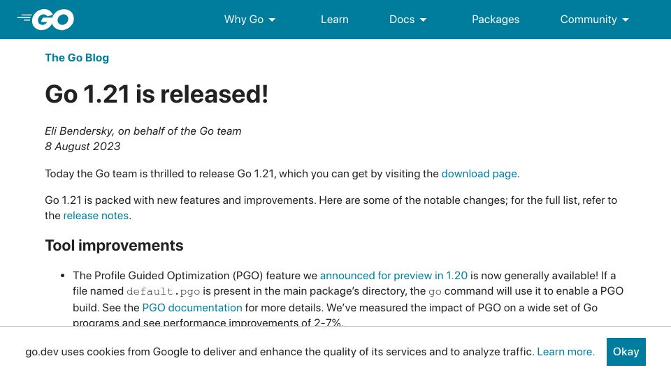 Screenshot of go.dev: Go 1.21 Is Released