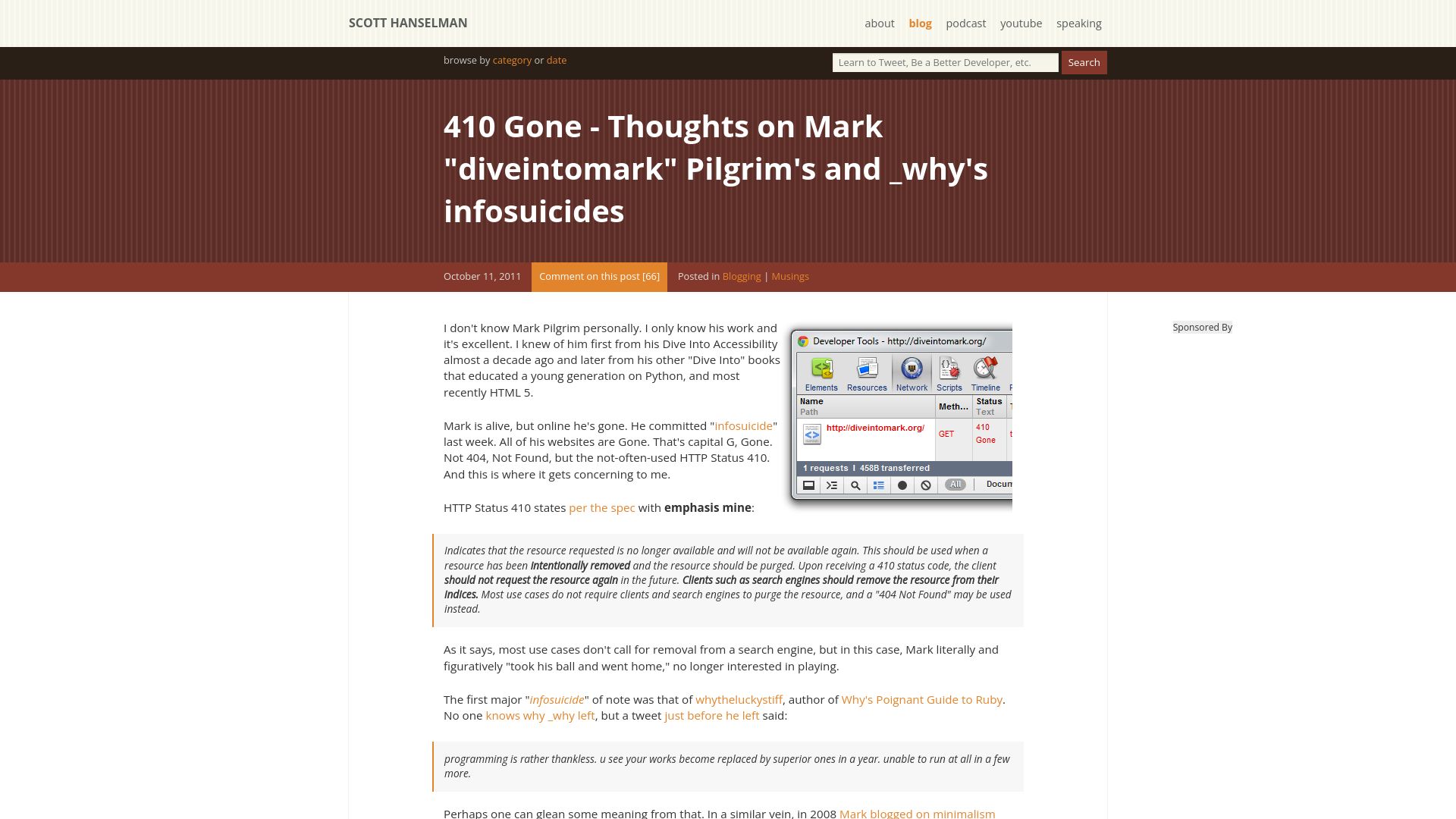 Screenshot of hanselman.com: Thoughts on Mark “diveintomark” Pilgrim's and _why's infosuicides (2011)