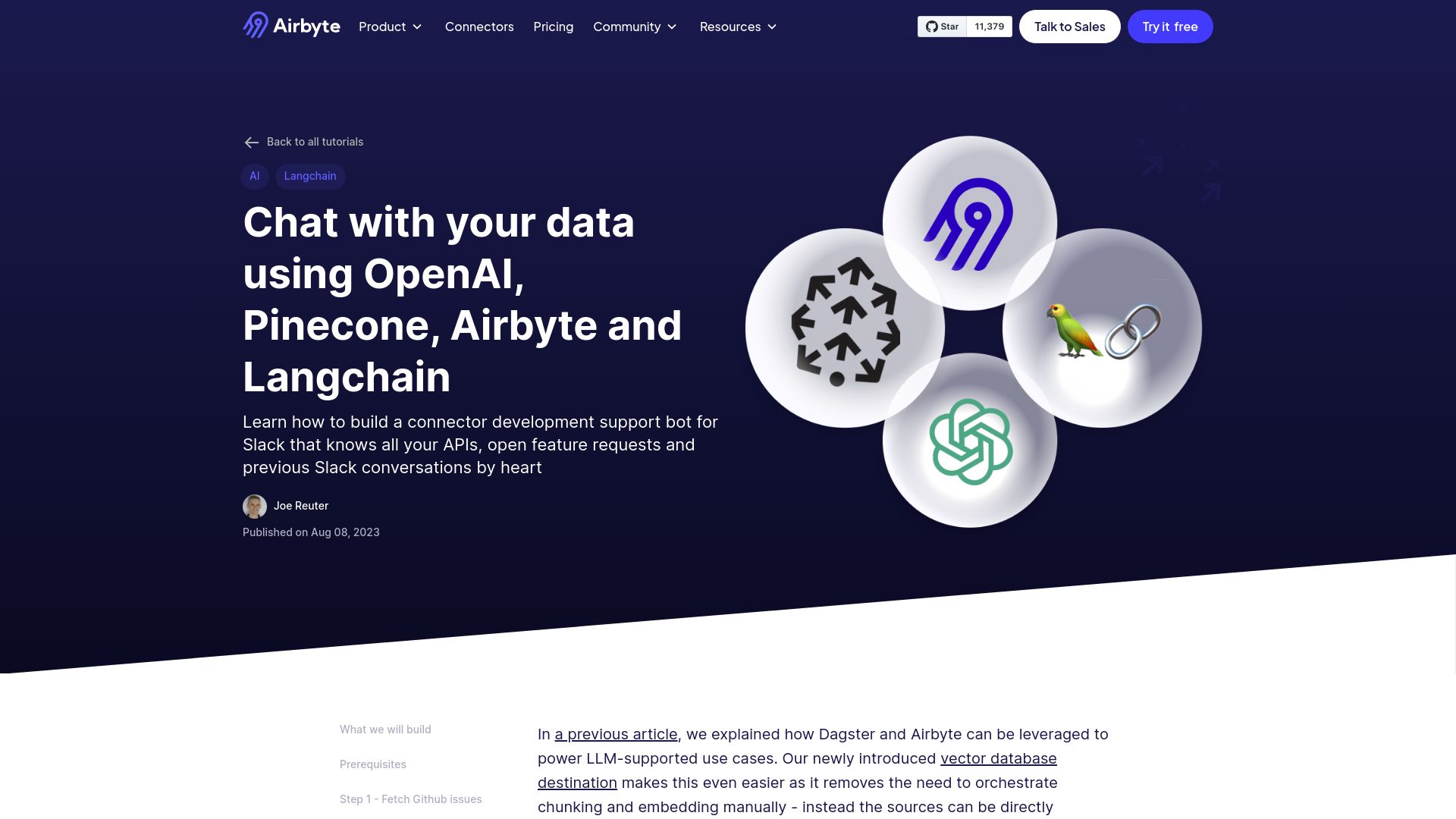 Screenshot of airbyte.com: Show HN: Chat with your data using LangChain, Pinecone, and Airbyte