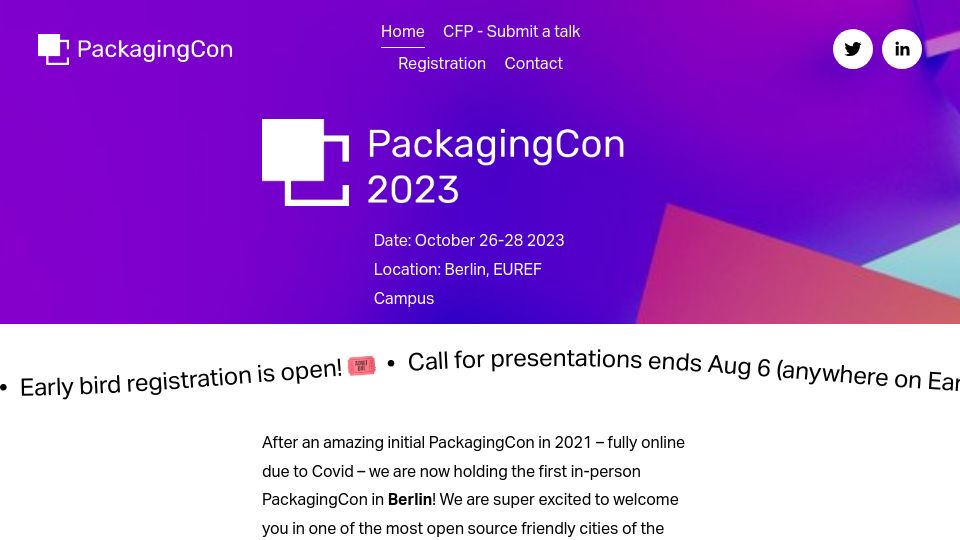Screenshot of packaging-con.org: PackagingCon – A conference only for software package management