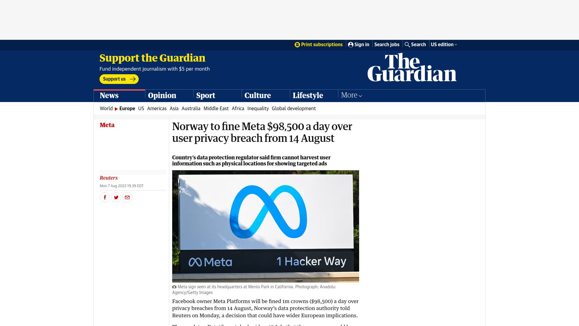 Screenshot of theguardian.com: Norway to fine Meta $98,500 a day over user privacy breach from 14 August