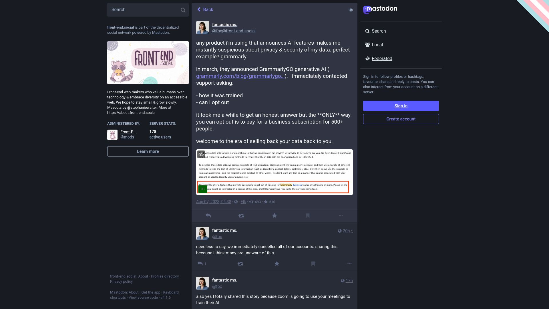 Screenshot of front-end.social: To opt out of Grammarly AI training requires business account with 500+ users