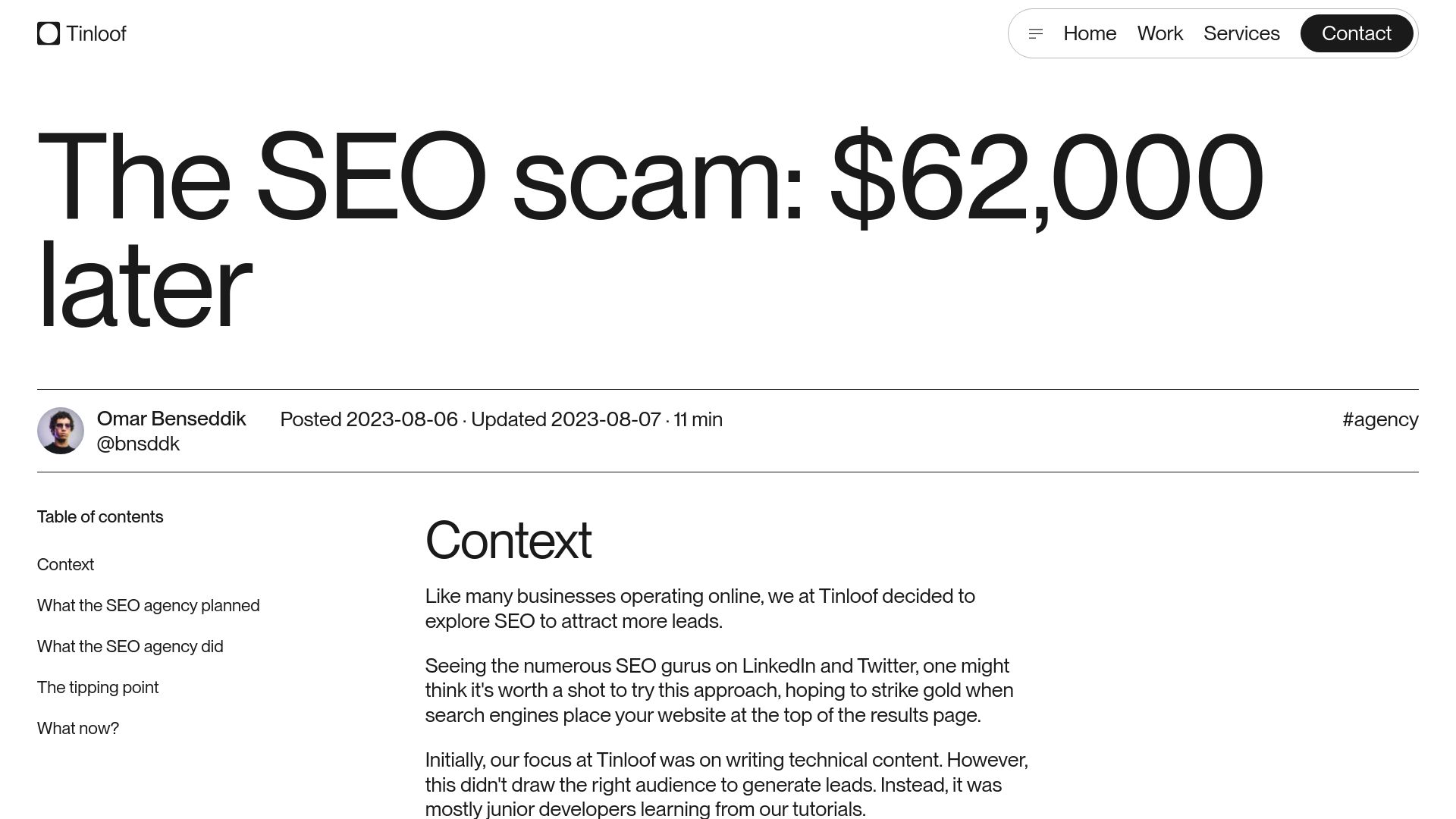 Screenshot of tinloof.com: An SEO scam: $62k later