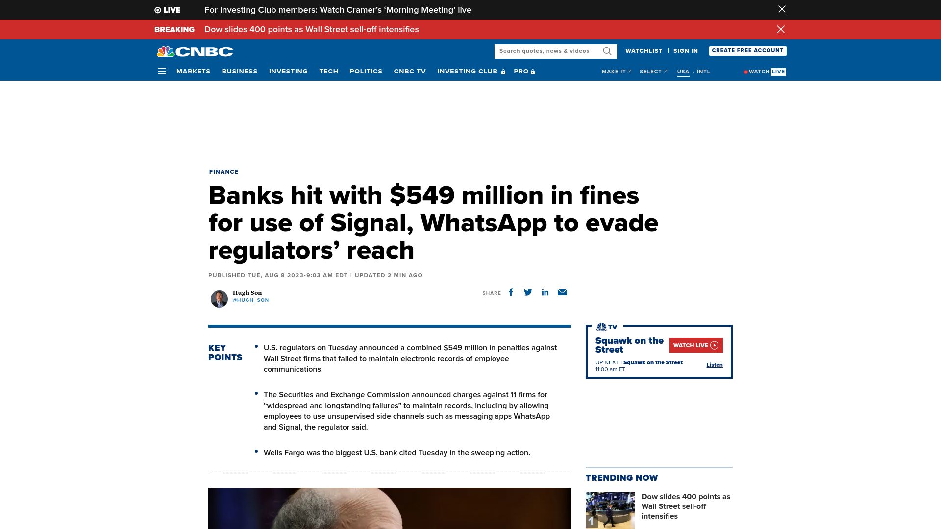 Screenshot of cnbc.com: Banks hit with millions in fines for using Signal and WhatsApp