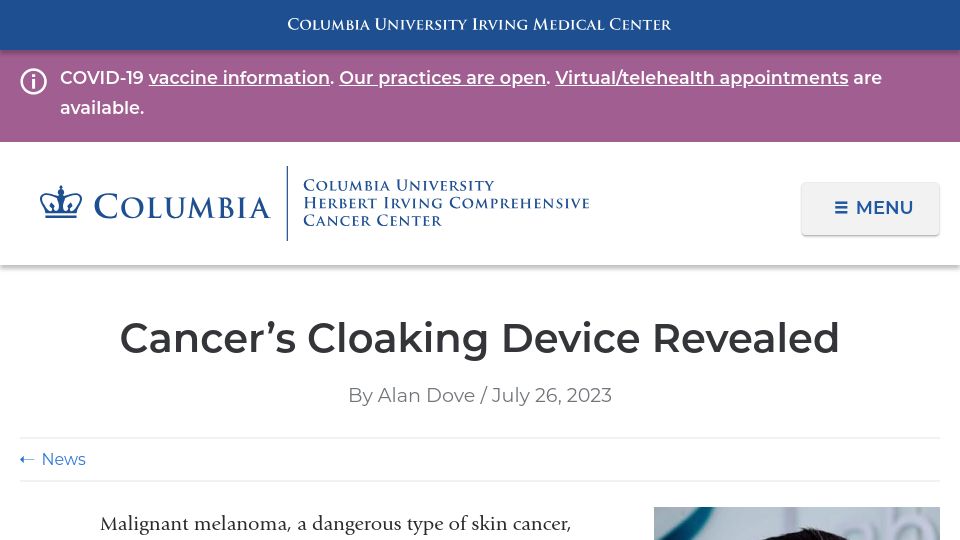 Screenshot of cancer.columbia.edu: Malignant melanoma deploys elegant molecular mechanism to evade immune responses