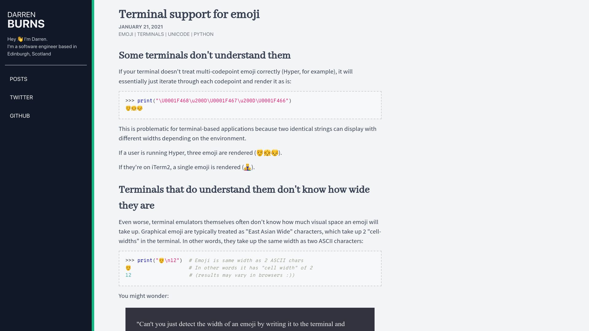 Screenshot of darrenburns.net: Terminal Support for Emoji