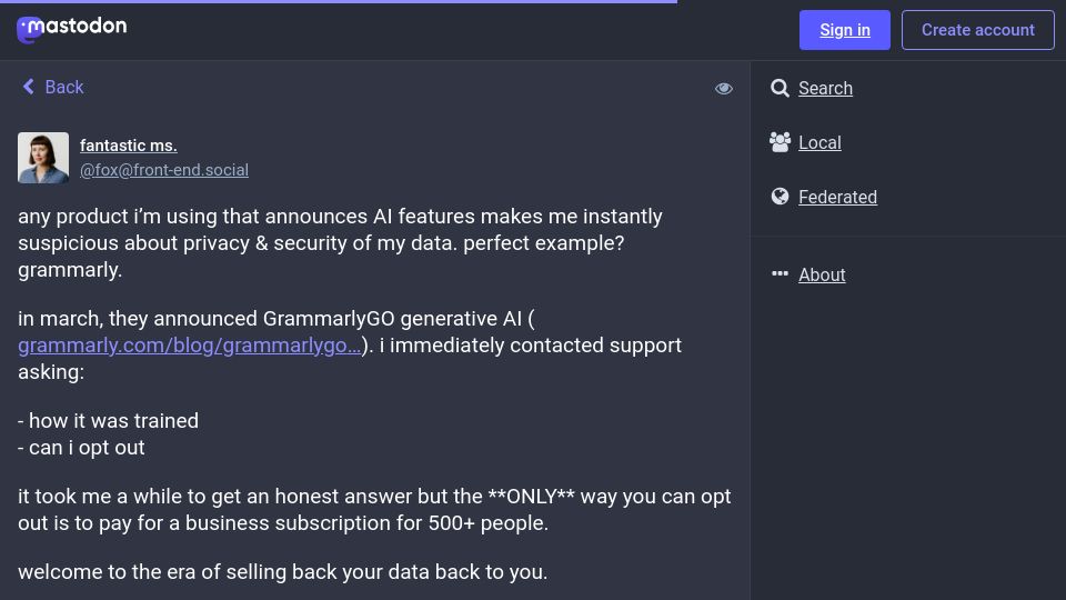 Screenshot of front-end.social: To opt out of Grammarly AI training requires business account with 500+ users