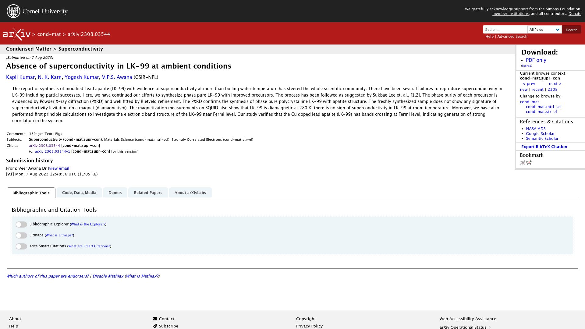 Screenshot of arxiv.org: Absence of superconductivity in LK-99 at ambient conditions