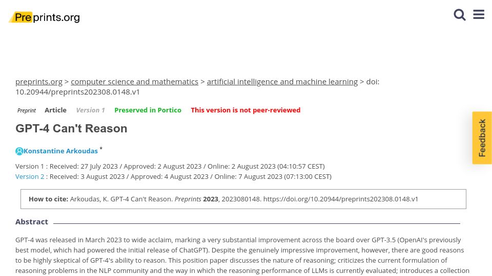 Screenshot of preprints.org: GPT-4 can't reason