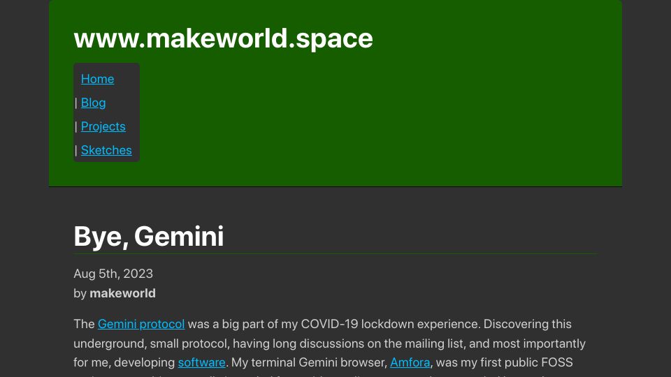 Screenshot of makeworld.space: Bye, Gemini