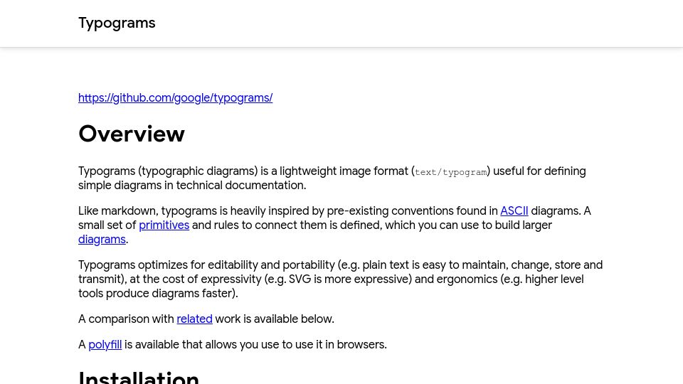Screenshot of google.github.io: Typograms: A definition and renderer for ASCII diagrams