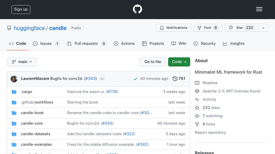 Screenshot of github.com: Candle: Torch Replacement in Rust
