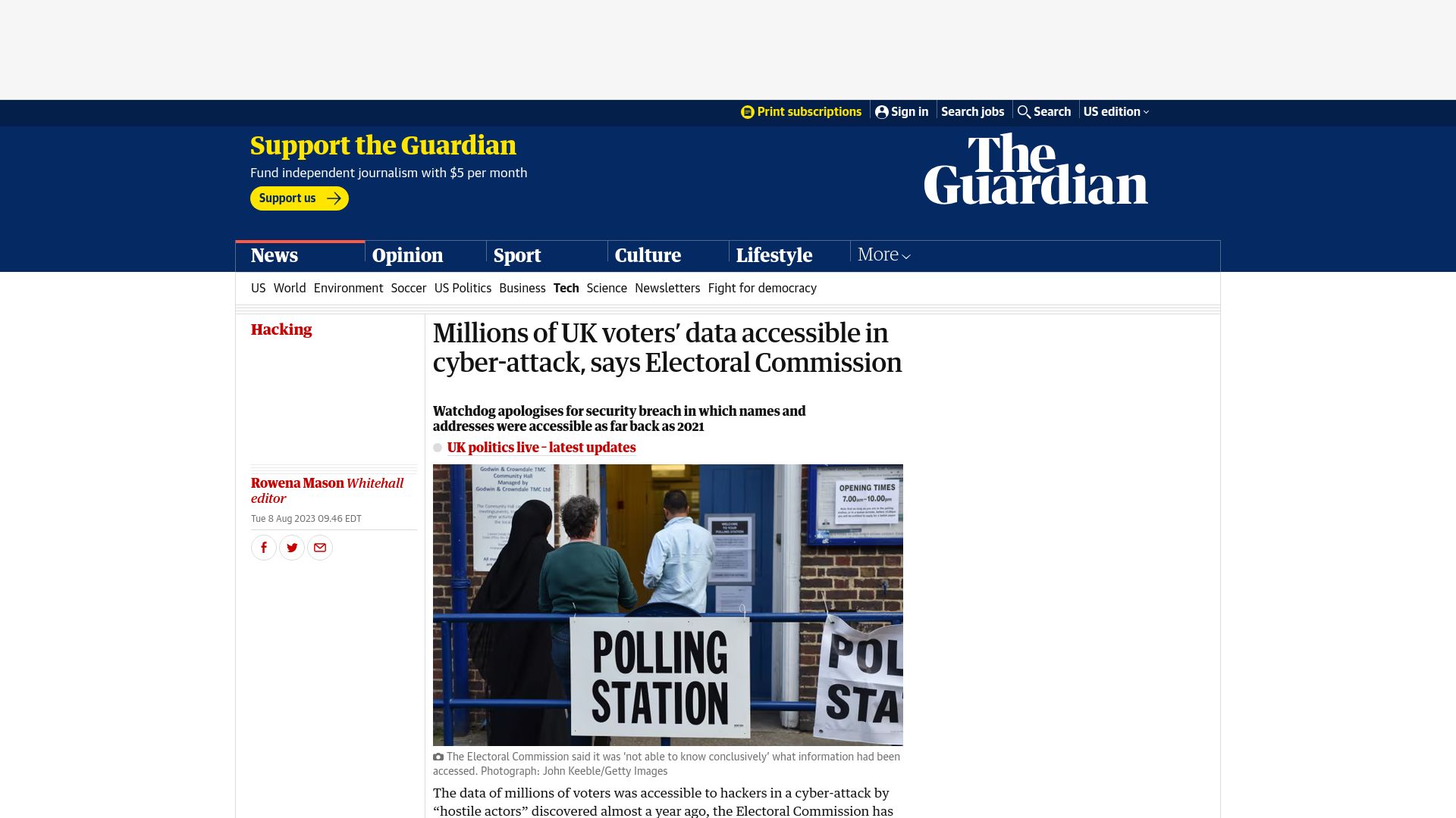 Screenshot of theguardian.com: Millions of UK voters’ data accessible in cyber-attack