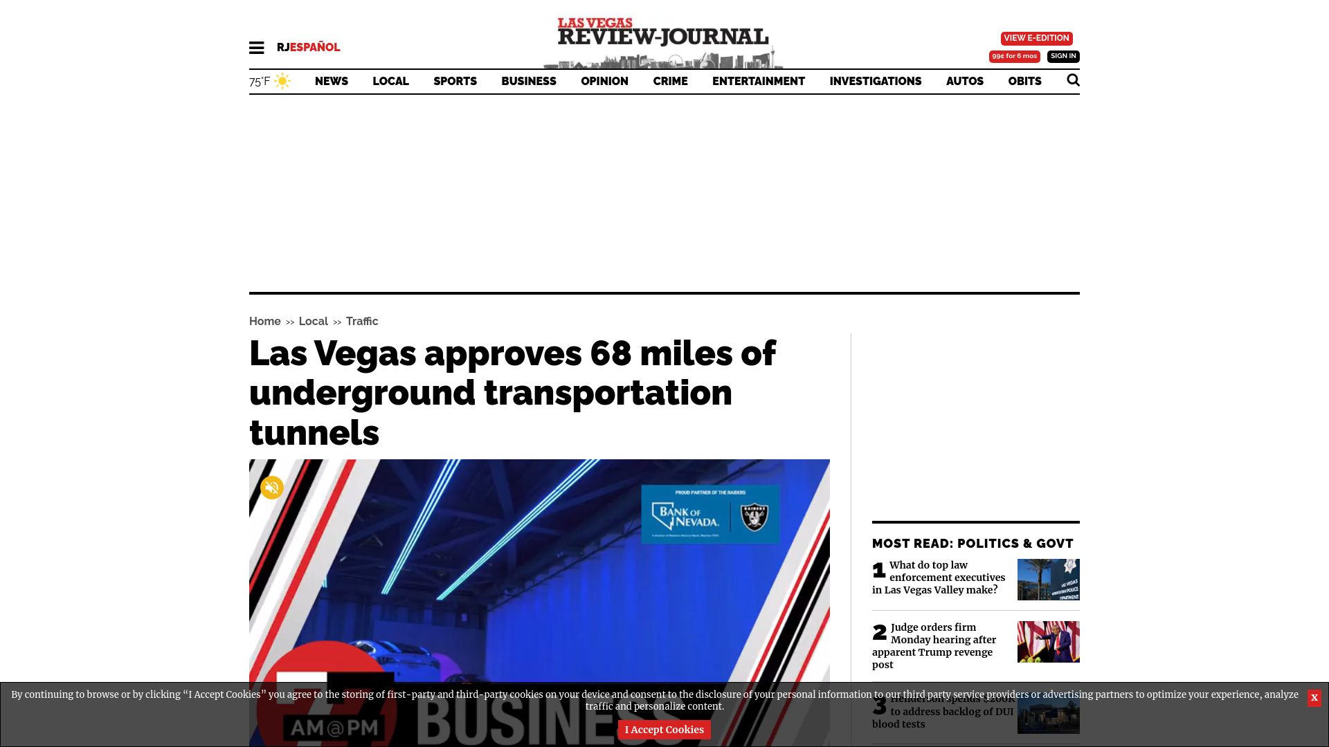 Screenshot of reviewjournal.com: Las Vegas approves 68 miles of underground transportation tunnels