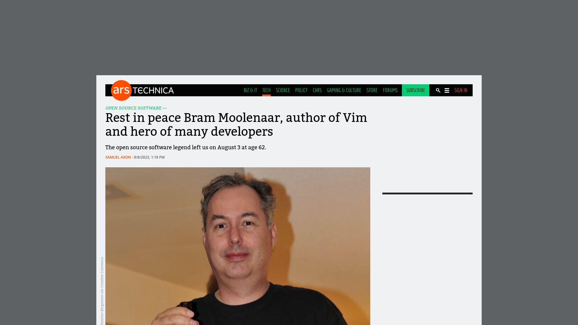 Screenshot of arstechnica.com: Rest in peace Bram Moolenaar, author of Vim
