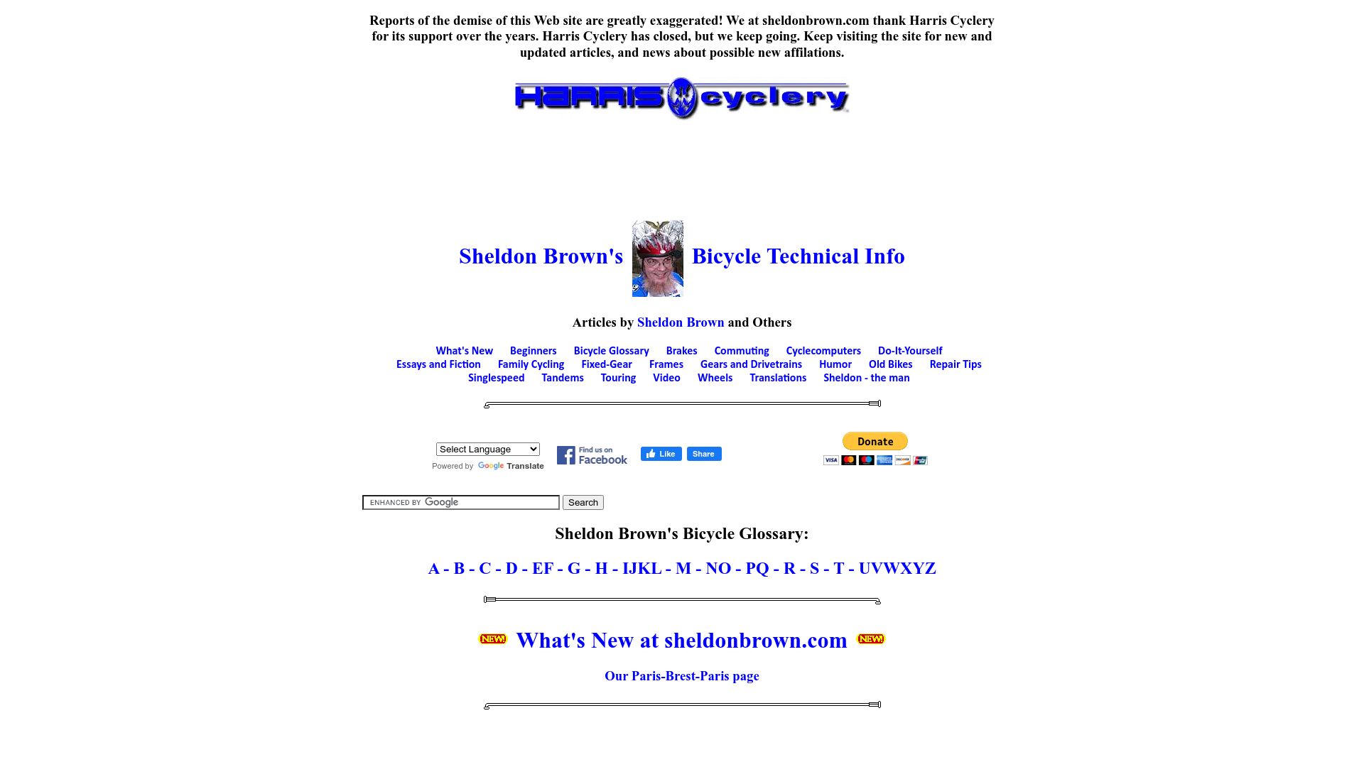 Screenshot of sheldonbrown.com: Sheldon Brown's Bicycle Technical Info