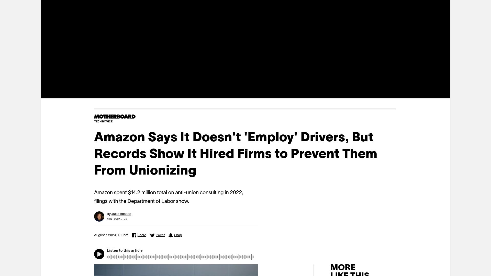 Screenshot of vice.com: Amazon doesn't 'employ' drivers, but hired firms to prevent them from unionizing