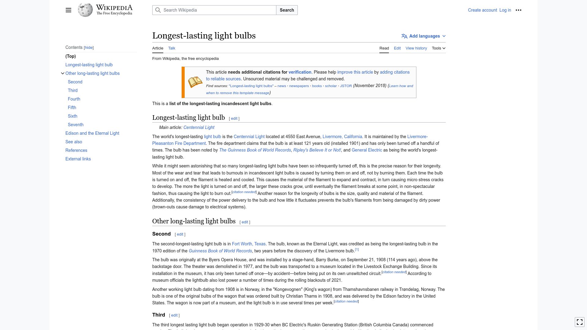 Screenshot of en.wikipedia.org: Longest-lasting incandescent light bulbs