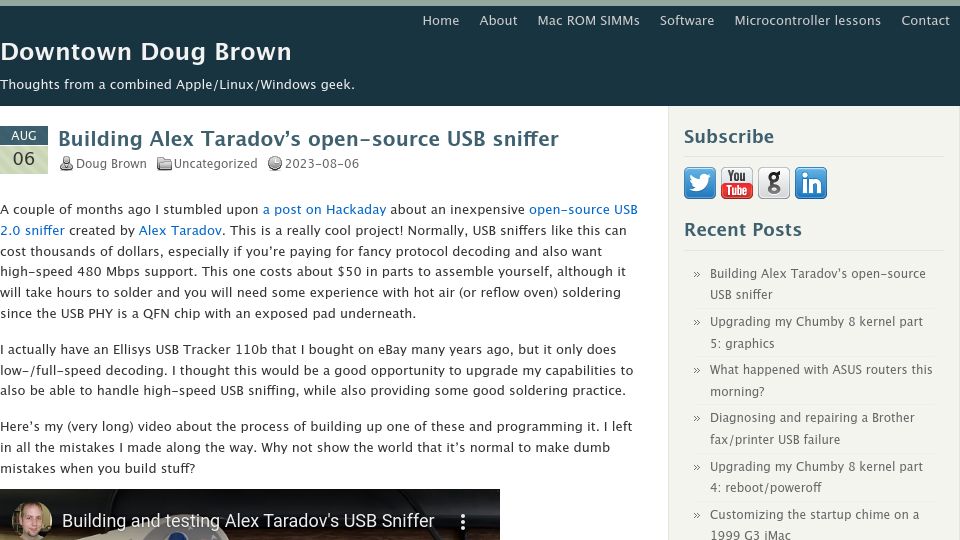 Screenshot of downtowndougbrown.com: Building Alex Taradov’s open-source USB sniffer