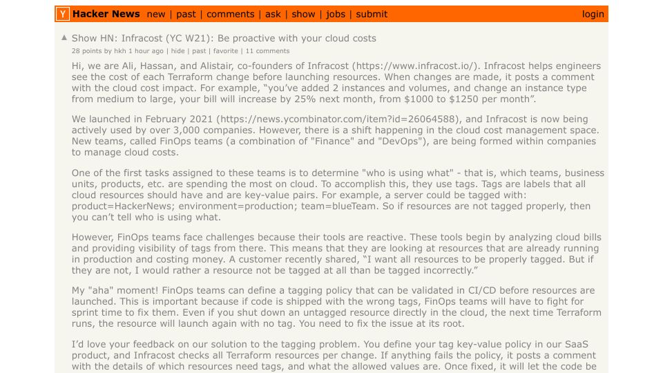 Screenshot of Hacker News post: Show HN: Infracost (YC W21): Be proactive with your cloud costs