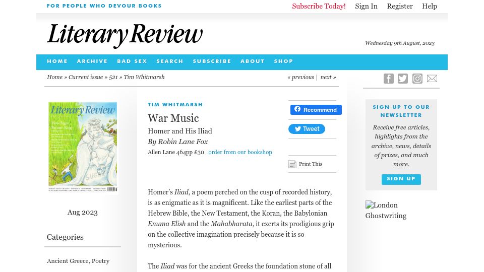 Screenshot of literaryreview.co.uk: War Music: Homer and His Iliad