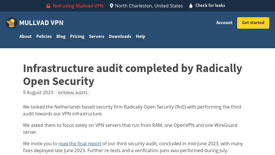 Screenshot of mullvad.net: Infrastructure audit completed by Radically Open Security