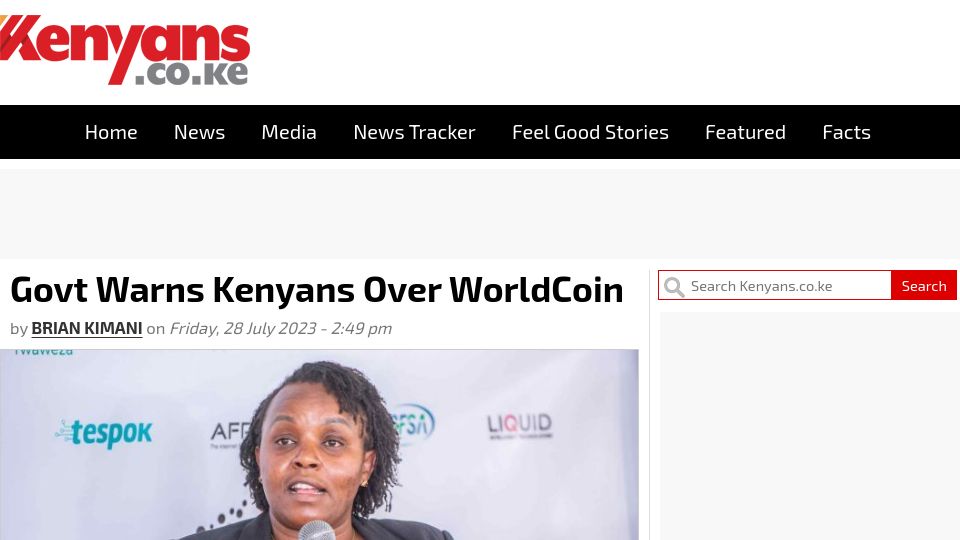 Screenshot of kenyans.co.ke: Govt warns kenyans about Worldcoin
