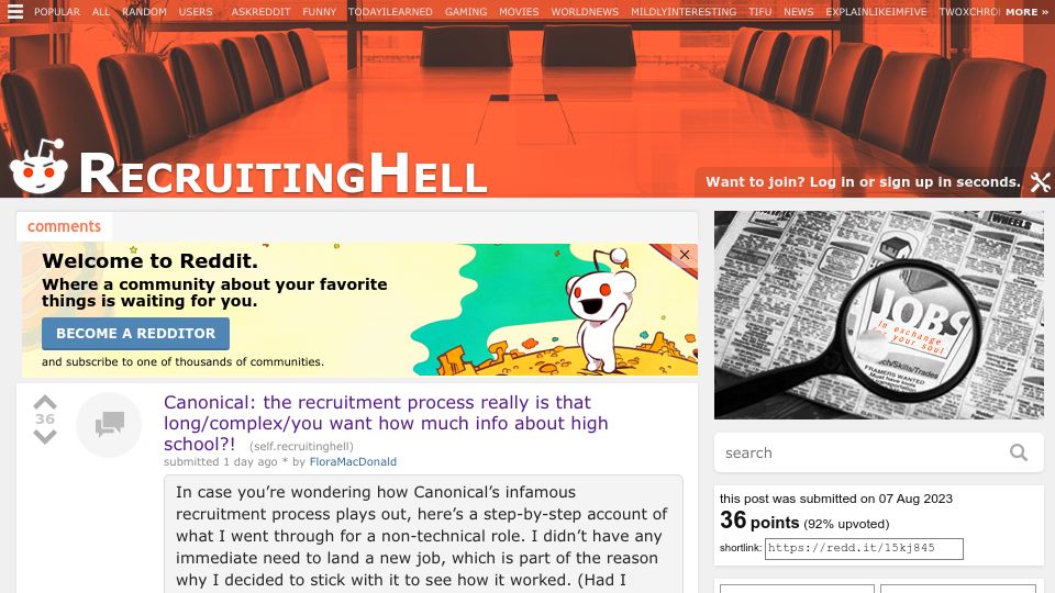Screenshot of old.reddit.com: Canonical’s recruitment process is long and complex