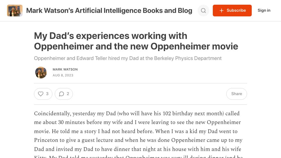 Screenshot of markwatson.com: My blog about my Dad’s work with Oppenheimer and the new movie
