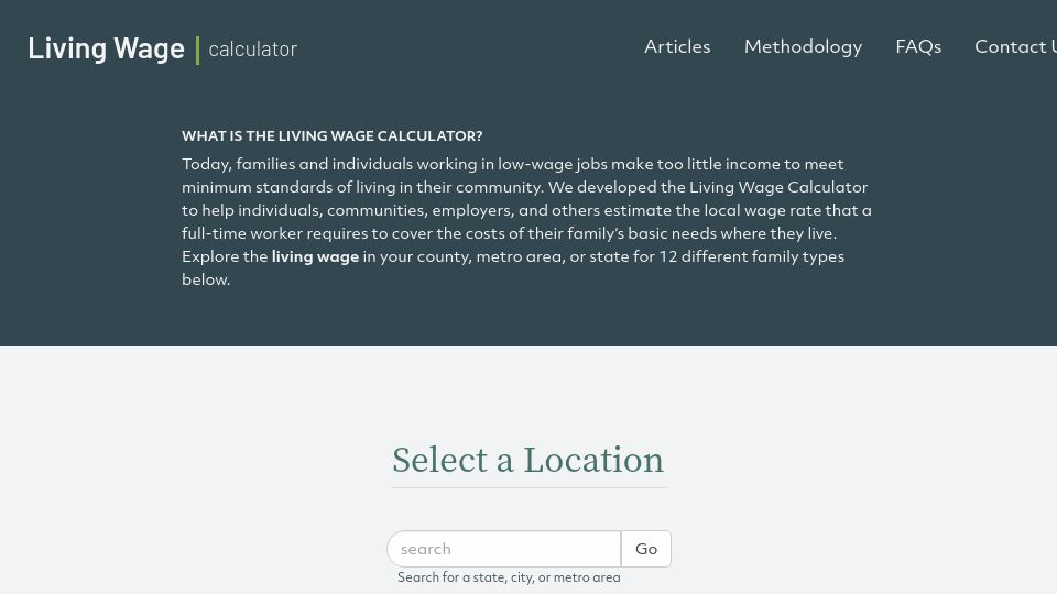 Screenshot of livingwage.mit.edu: Living Wage Calculator