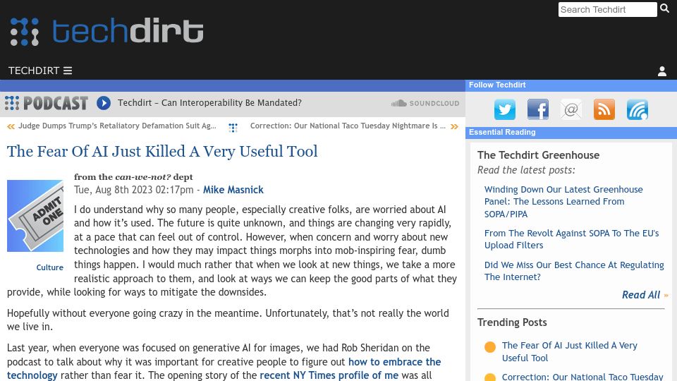 Screenshot of techdirt.com: Fear of AI just killed a useful tool