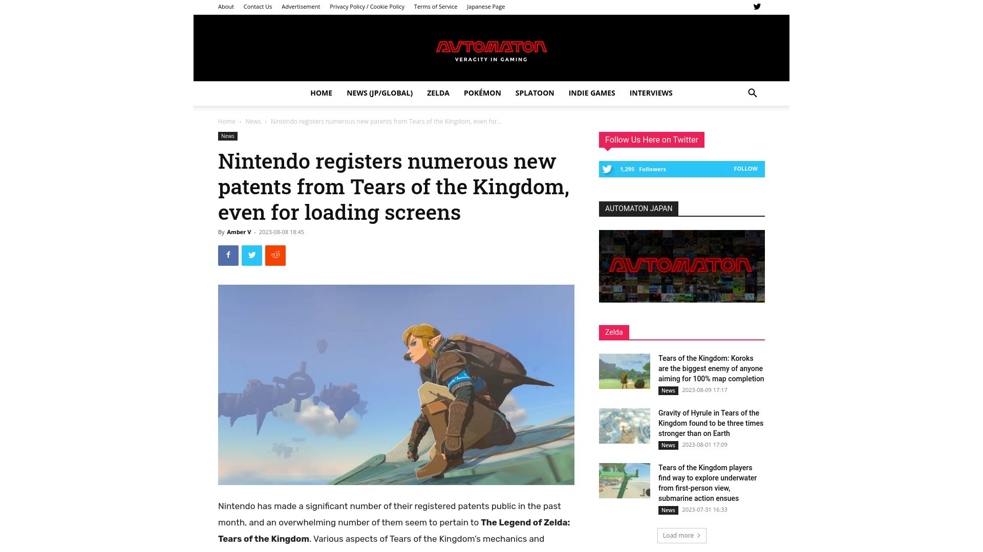 Screenshot of automaton-media.com: Nintendo filed numerous patents for Zelda: Tears of the Kingdom mechanics