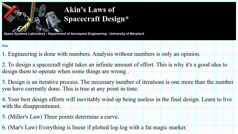 Screenshot of spacecraft.ssl.umd.edu: Akin’s Laws of Spacecraft Design