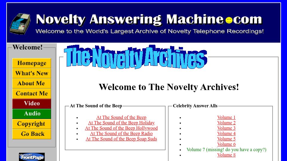 Screenshot of noveltyansweringmachine.com: Archive of novelty answering machine recordings