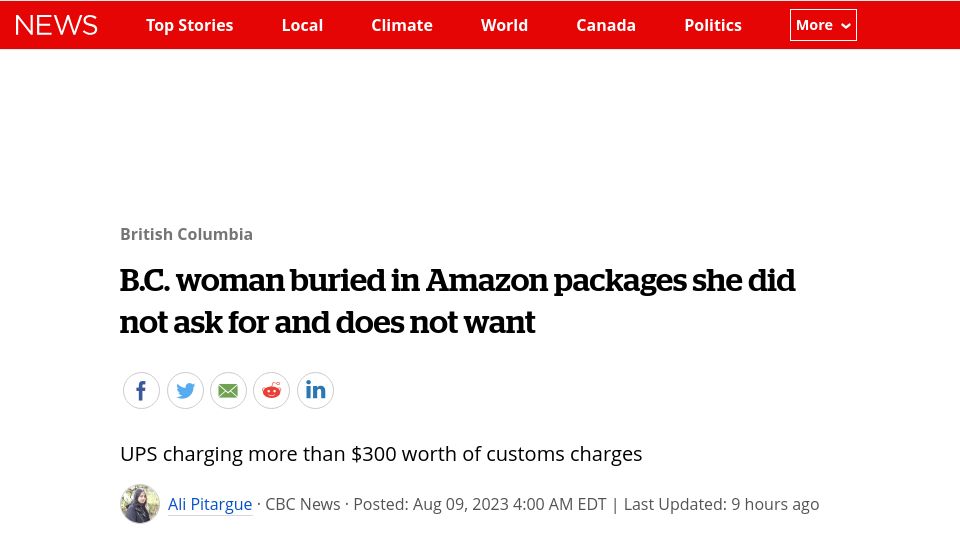 Screenshot of cbc.ca: B.C. woman buried in Amazon packages she did not ask for and does not want