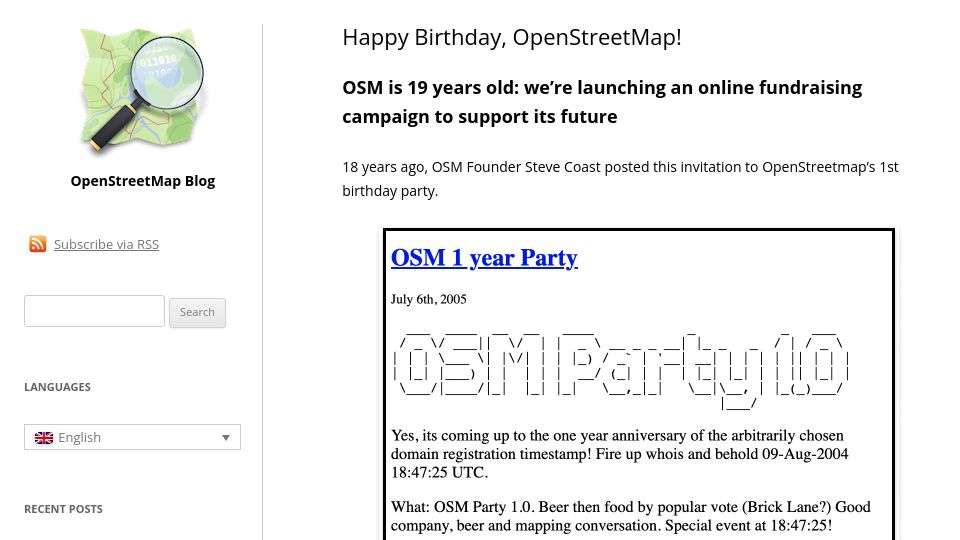 Screenshot of blog.openstreetmap.org: Happy Birthday OpenStreetMap