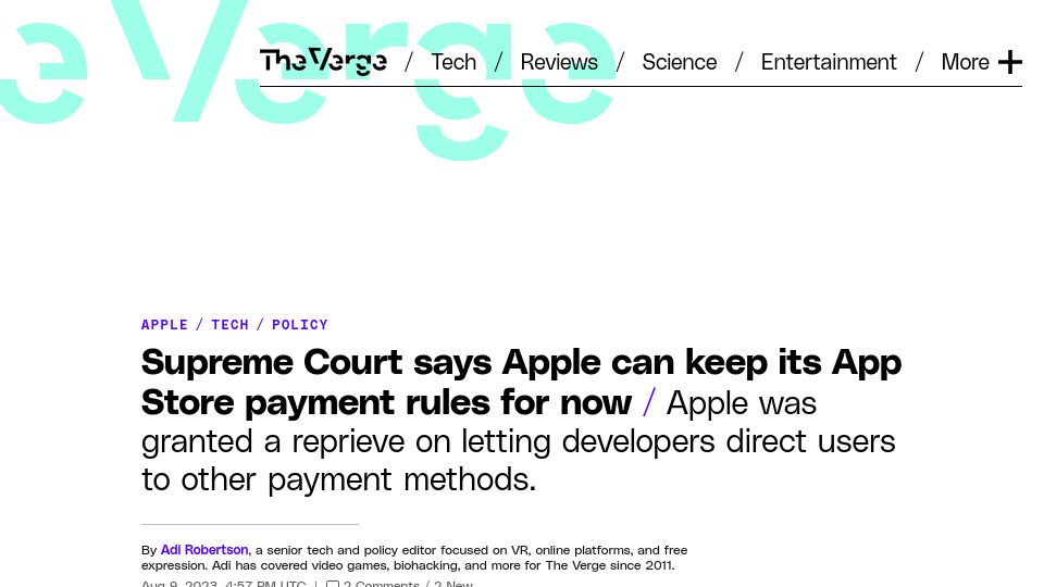 Screenshot of theverge.com: Supreme Court rules against Epic, so Apple can keep its App Store payment rules