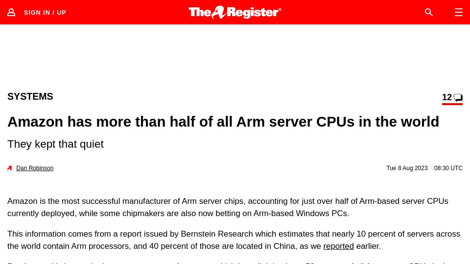 Screenshot of theregister.com: Amazon has more than half of all Arm server CPUs in the world