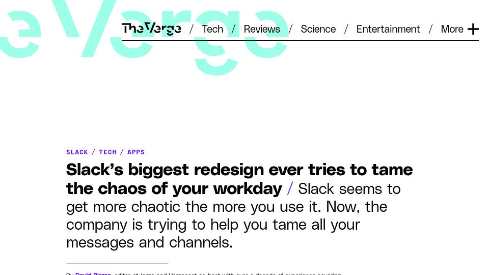 Screenshot of theverge.com: Slack’s biggest redesign ever tries to tame the chaos of your workday