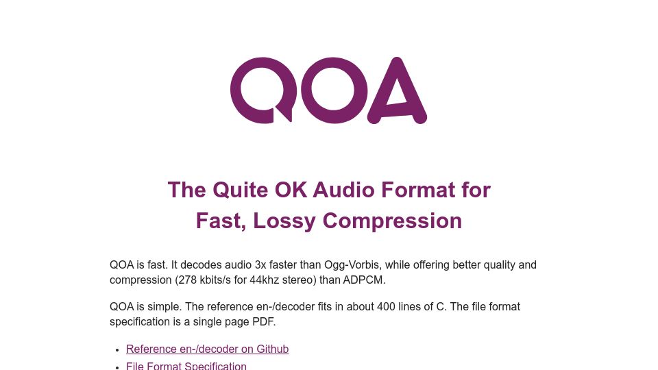 Screenshot of qoaformat.org: The Quite OK Audio Format for Fast, Lossy Compression