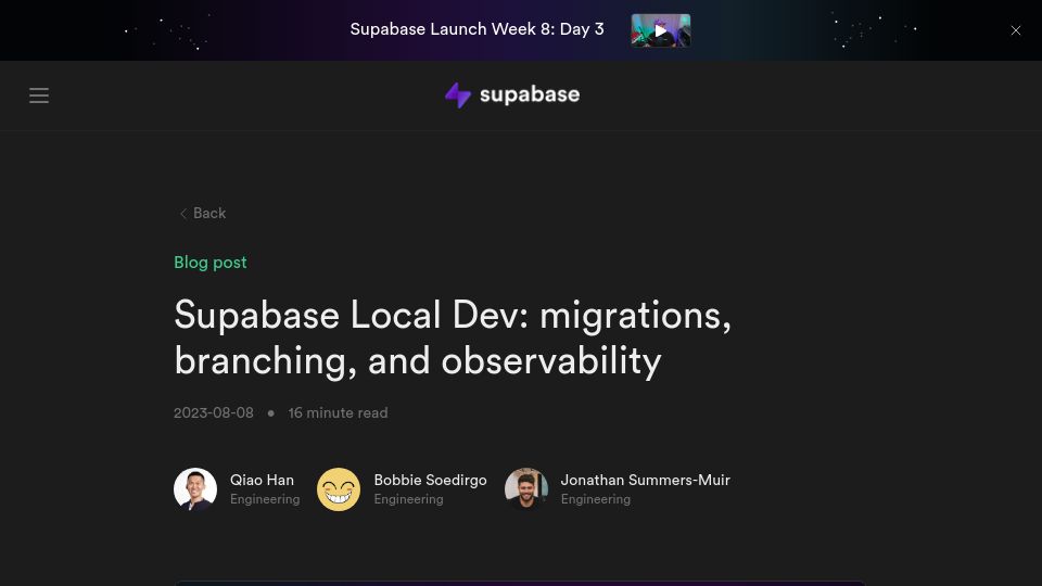 Screenshot of supabase.com: Supabase Local Dev: migrations, branching, and observability