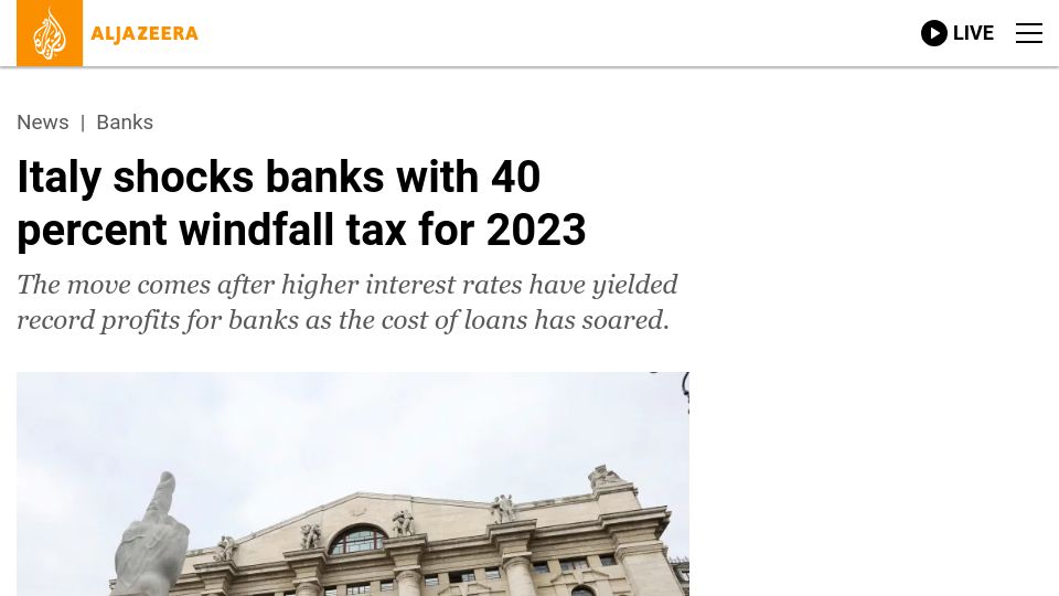 Screenshot of aljazeera.com: Italy shocks banks with 40 percent windfall tax for 2023
