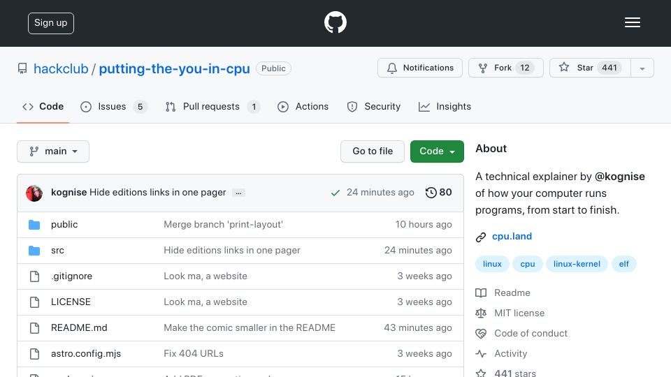 Screenshot of github.com: I'm 17 and wrote this guide on how CPUs run programs
